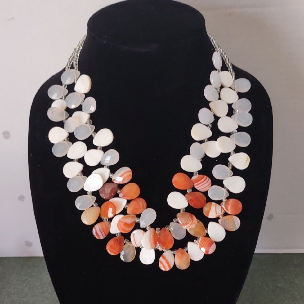Coldwater Creek White and Amber/Orange Stone/Shell/Acrylic Necklace
